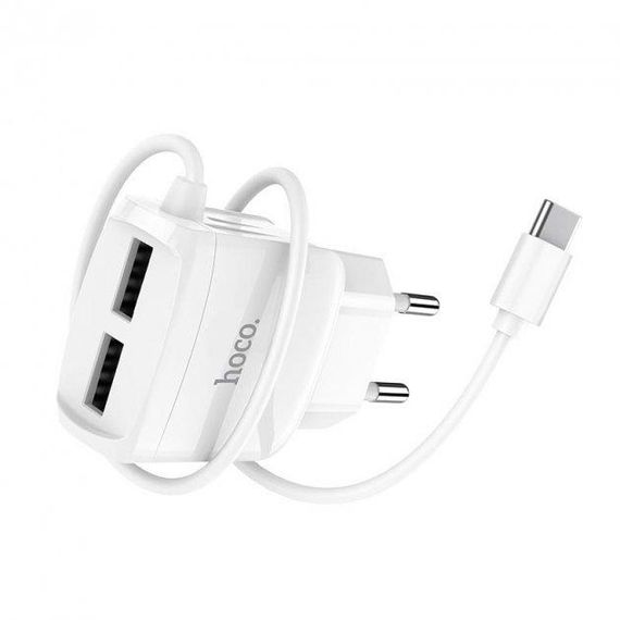 Мережевий зарядний пристрій Hoco 2хUSB із вбудованим кабелем Type-C White (C59A) | Зображення 2