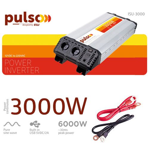 Перетворювач напруги PULSO/ISU-3000/12V-220V/3000W/LCD/USB-5VDC2.0A/син.хвиля/клеми | Зображення 1