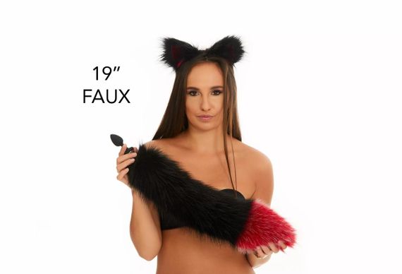 Анальний хутряний хвіст без пробки, Чорний з темно-червоним кінчиком, OKOVA, 50 см. sexstyle