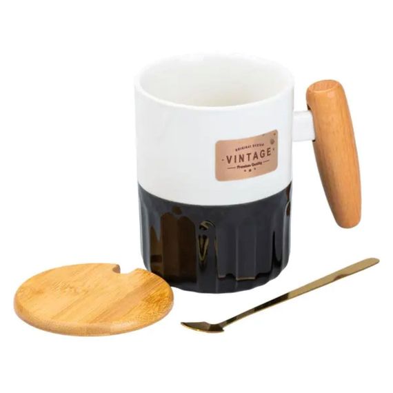 Чашка фарфоровая с бамбуковой крышкой и ручкой 400 мл Черная HP7204B | Зображення 2