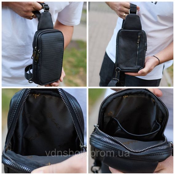 Чоловіча сумка-слінг через плече 13х20х5, бананка нагрудна з візерунком для телефону, чорна | Зображення 6