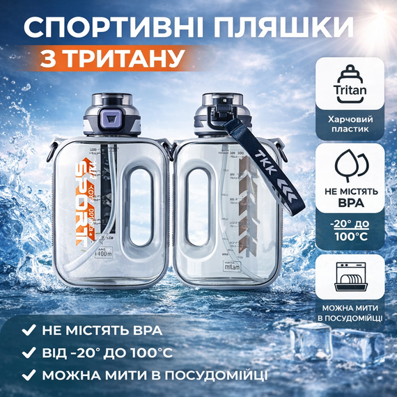 Спортивная бутылка для воды TKK Sport 1000 мл из Тритана (BPA Free), фиолетовая квадратная бутылка с трубочкой и ремешком | Зображення 1