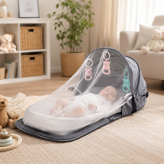 Ліжко-сумка для малюків SDM Сіра / Дитяче ліжечко для дитини / Розкладна сумка-пеленатор з москітною сіткою | Зображення 1