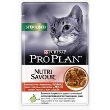 PURINA PRO PLAN STERILISED NUTRISAVOUR з ЯЛОВИЧИНОЮ. Консервований порційний повнораціонний корм для кастрованих котів / стерилізованих кішок. З яловичиною. Шматочки в підливі 85 г