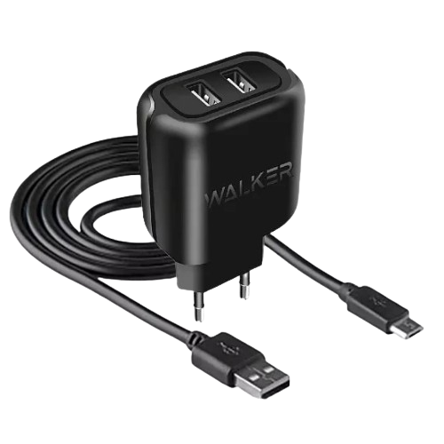 Зарядний пристрій мережевий 2USB + кабель MicroUSB 2,0A чорний WALKER WH-27