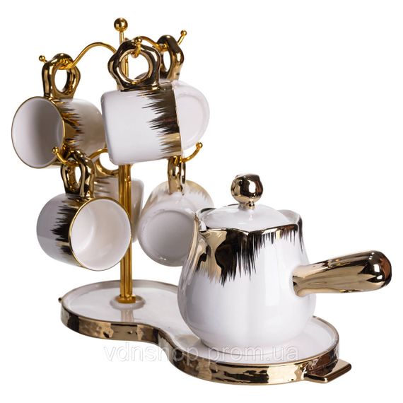 Кофейный сервиз на подставке с кофейником 450 (мл) 6 чашек по 90 (мл) подарочный набор чашек на подставке Белый с золотом FM-JJ-3 | Зображення 2