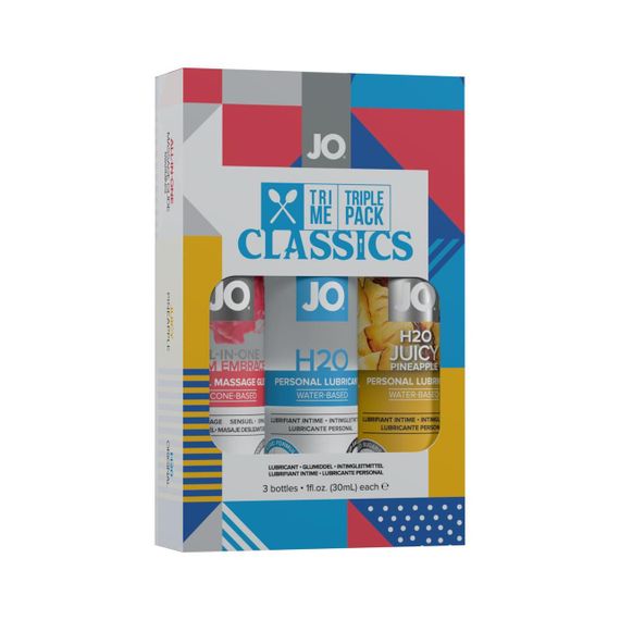 Набір JO Tri-Me Triple Pack — Classics (3×30 мл) водна, силіконова та смакова змазка Sex Aura