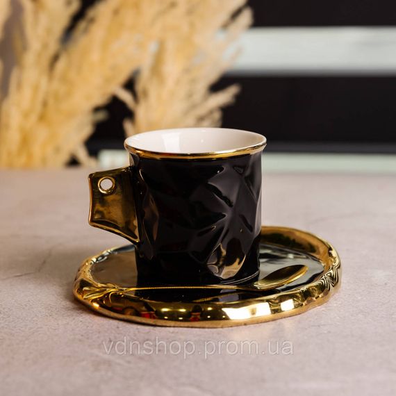 Чашка порцелянова для кави 200 (мл) з блюдцем і ложкою, гарна чашка в подарунок Чорний із золотом FM-1A | Зображення 2