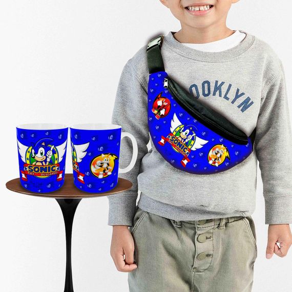 Набір: дитяча сумка-бананка+кружка Супер Сонік 32х15см, бананка для хлопчика через плече на подарунок (00975)