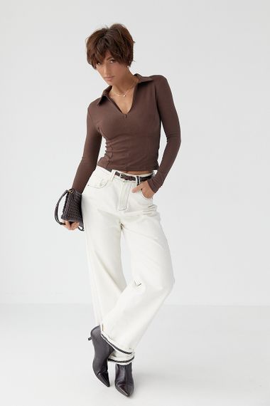 Укорочений лонг-поло із блискавкою на горловині - темно-коричневий цвет, S (є розміри) | Зображення 2