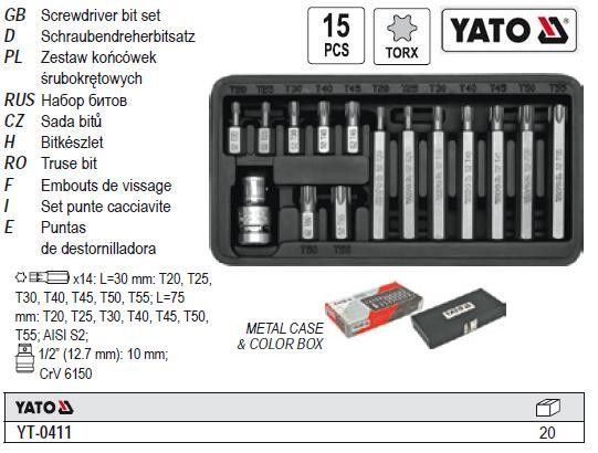 Набор бит насадка отвертки TORX YATO Польща перехидник 1/2" 30-75мм 15 штук YT-0411