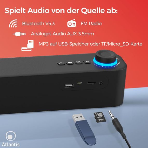 Саундбар Atlantis с Bluetooth 5.3, FM-радио, аккумулятором 2400 мАч портативная колонка для ПК телевизора 20Вт | Зображення 3
