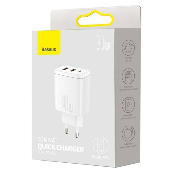 СЗУ Baseus Compact Quick Charger 30W QC+PD (2USB-A/1C) (CCXJ-E) Черный Белый | Зображення 4