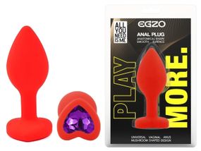 Анальна пробка EGZO Silicone Red Heart Plug S з фіолетовим кристалом, червона Sex Aura