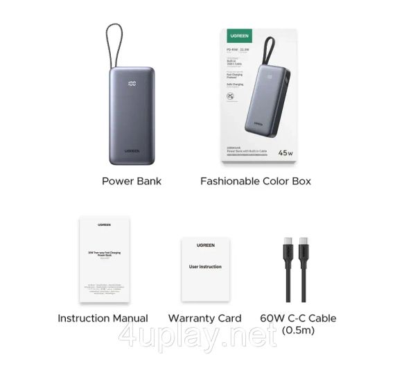 Повербанк UGREEN Nexode Power Bank 20000mAh 45W з вбудованим кабелем | Зображення 2
