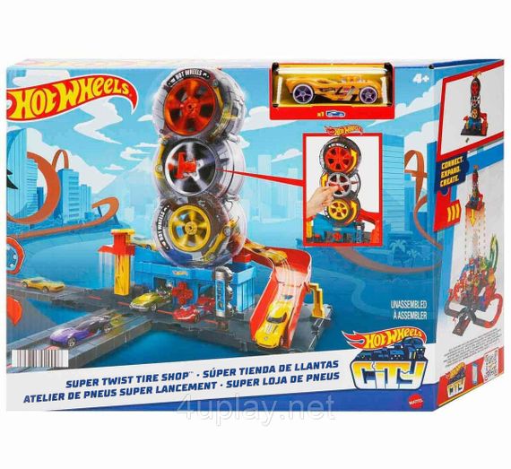 Трек Хот Вилс Сити Трюки на шиномонтаже Гараж Hot Wheels Мастерская Крутой поворот Super Twist Tire Shop