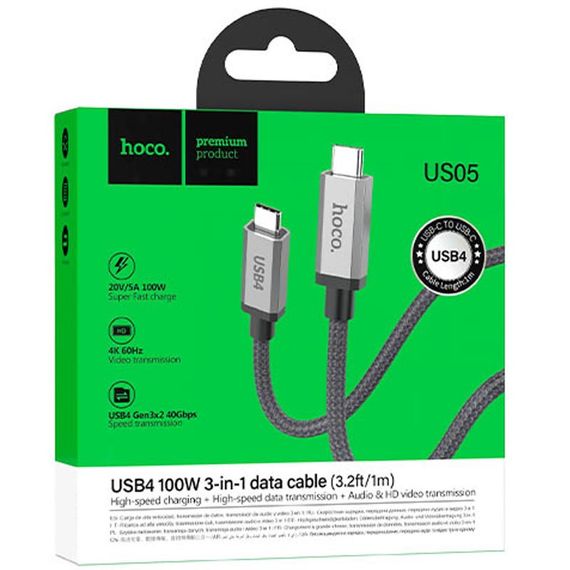 Дата кабель Hoco US05 Type-C to Type-C 100W USB4 40Gbps (1m) Black | Зображення 4