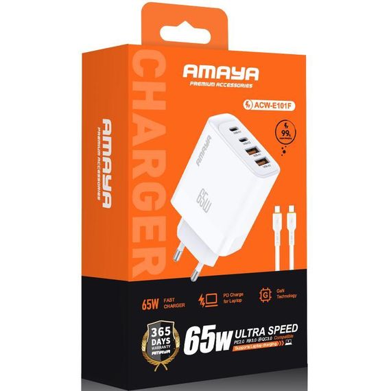 МЗП Amaya E101F PD65W+QC3.0 GaN (2USB-A/2C) + кабель Type-C to Type-C White | Зображення 1