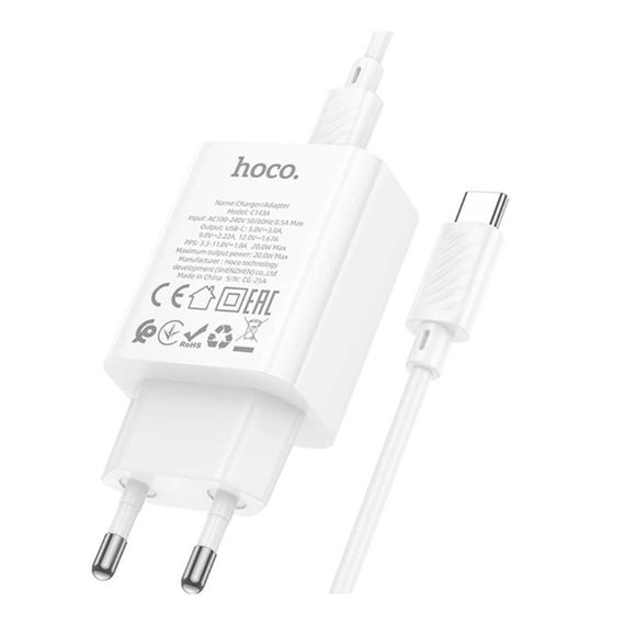 Мережевий зарядний пристрій Hoco C143A 1 USB-C PD/QC 20W+Type-C to Type-C | Зображення 5