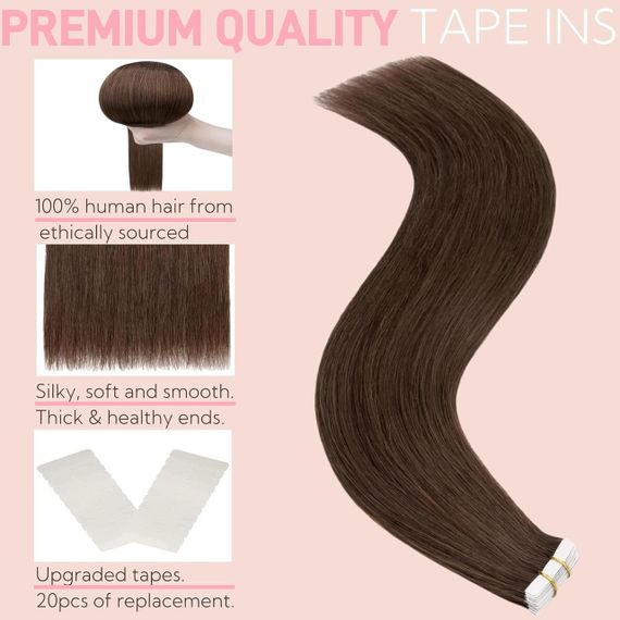 Накладні пасма, натуральне людське волосся 50 см 20 шт, каштанове термостійке для стрічкового нарощування 50 г для обʼєму | Зображення 2