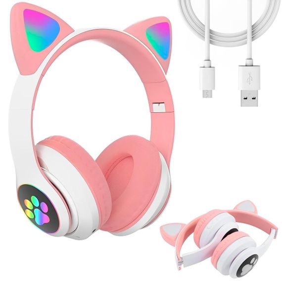 Навушники бездротові з котячими вушками VZV-23M, Рожеві / Дитячі навушники з мікрофоном та кольоровим підсвічуванням / Bluetooth