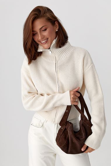 Короткий в'язаний кардиган на блискавці - молочний цвет, ONE SIZE (є розміри)