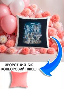 Подушка плюшева Мерч Крафт Дизайн з принтом вовки 3 рожевий плюш квадратна 33х33 см
