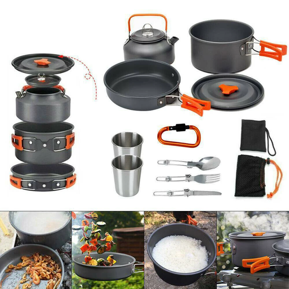 Набор туристической посуды Camping cooking со столовыми приборами 10 в 1  / Набор посуды для похода, пикника и рыбалки | Зображення 1