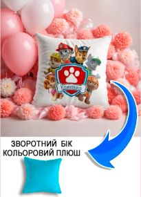 Подушка плюшева Мерч Крафт Дизайн з принтом paw patrol 1 імя Катерина блакитний плюш квадратна 33х33 см