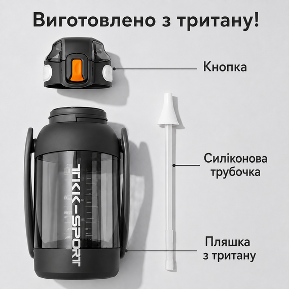 Бутылка TKK 1400 мл - Черная Tritan BPA-free, ударопрочная, спортивная с двойной системой переноски | Зображення 8