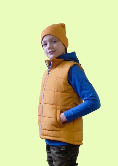 Шапка дитяча 5-12 років 52-54см гірчична подвійна з відворотом весна/осінь бавовна | Зображення 2