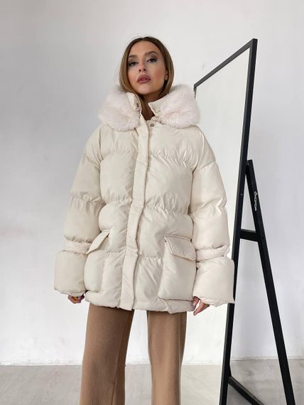 Пуховик с опушкой и капюшоном Cresh Puffer, молочный | Зображення 6