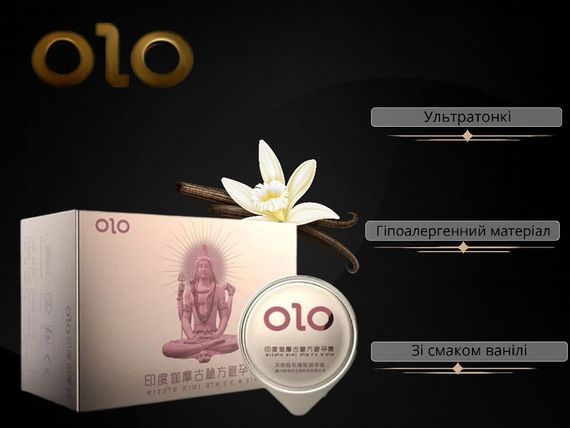 Презервативи Olo Gold Budda c гіалуроновим змащенням і ароматом ванілі (Ребристі, З точками) 10 шт. sexstyle | Зображення 1