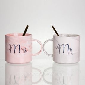 Набор парных фарфоровых чашек Mr&Mis 2 (шт) по 400 (мл) чашки на подарок с ложкой FM-28