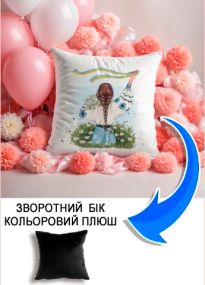 Подушка плюшева Мерч Крафт Дизайн з принтом дівчина зі стрічкою та ромашками чорний плюш квадратна 33х33 см