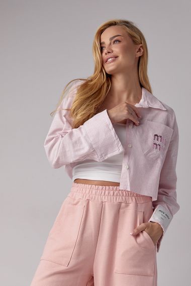 Укороченная рубашка в полоску с надписью Miu Miu - розовый цвет, L (есть размеры) | Зображення 6