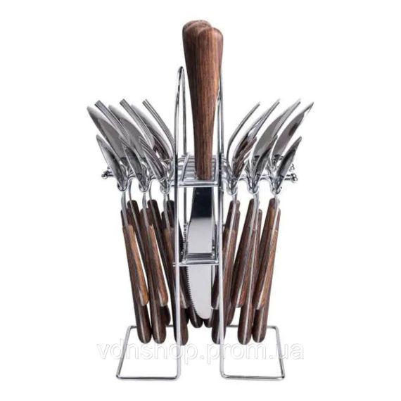 Набір столових приборів на 6 персон з дерев'яними ручками на підставці столові прибори 24 шт Срібло HP-20-1 | Зображення 1