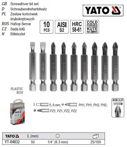 Набор насадка бита YATO Польша 1/4" l=50 мм 10 штук YT-04832