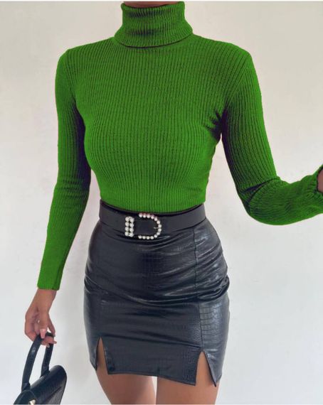 Женская водолазка-гольф в рубчик с высоким воротником SA409, размер 42/48, цвет зеленый (трава)