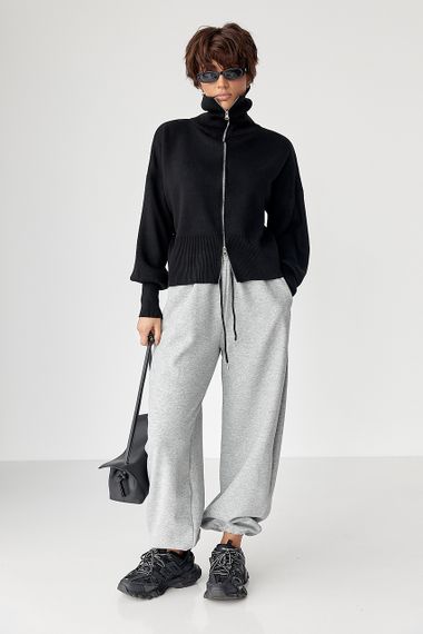 Трикотажний вільний кардиган на блискавці - чорний цвет, ONE SIZE (є розміри) | Зображення 2