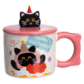 Чашка фарфоровая с крышкой Kitten's Birthday 400 (мл) подарочная кружка прикольная чашка для детей на подарок Розовый FM-24C