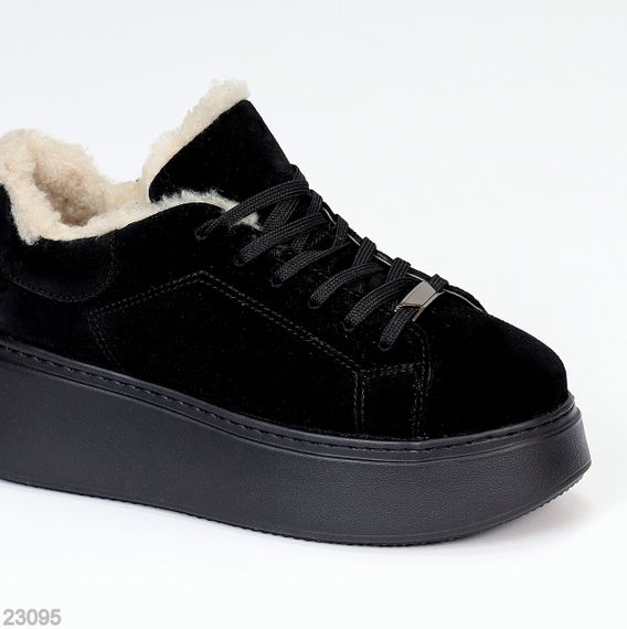 Чорні зимові прошиті кросівки натуральна замша на платформі спорт-шик | Зображення 1