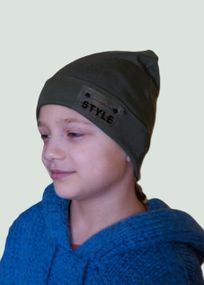 Шапка дитяча 5-12 років 52-54см подвійна с емблемою хакі Style з відворотом весна/осінь бавовна