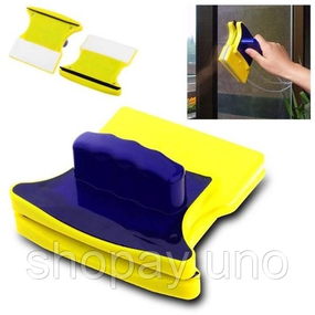 Магнитная щетка для мытья окон с двух сторон Magnetic Double side Cleaner 40мм со страховочным шнуром желто-синяя