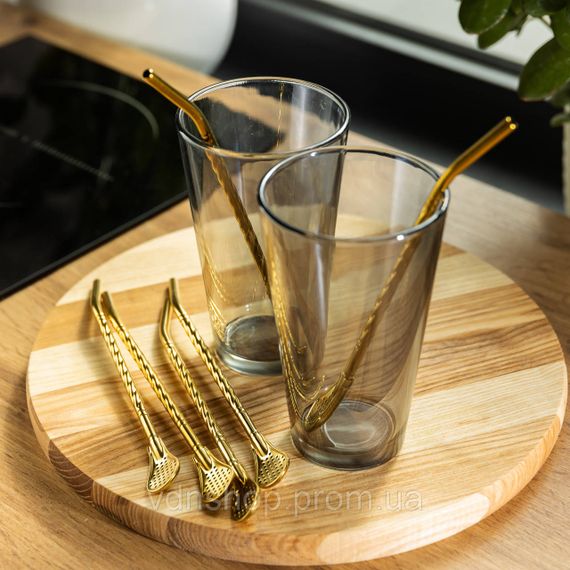 Набір багаторазових ложок-трубочок 6 шт для напоїв 19,5 см з щіткою Золотистий HP-20-56 | Зображення 1