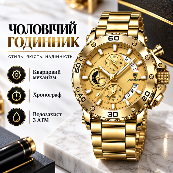 Чоловічий кварцовий годинник Poedagar 892 з браслетом з нержавіючої сталі, золотистим циферблатом, хронографом, світними стрілками