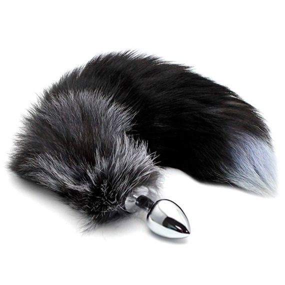 Металлическая анальная пробка Лисий хвост Alive Black And White Fox Tail M, диаметр 3,4 см sexstyle