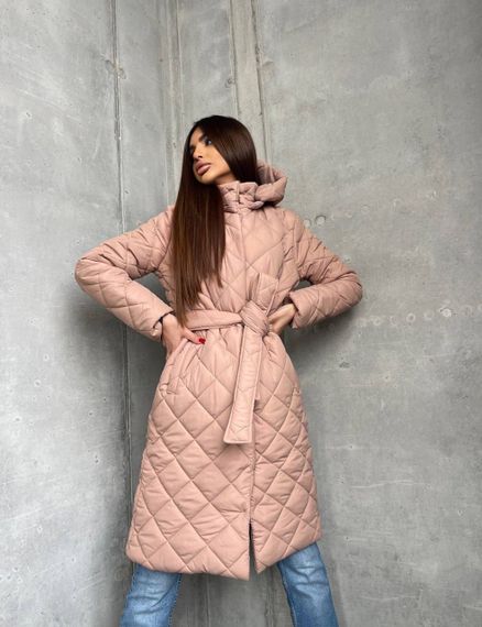 Женская длинная теплая куртка-пальто стеганая силикон 200, NA1044 цвет мокко, размер 42/44 | Зображення 5
