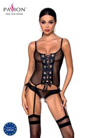 Корсет зі шнурівкою Passion NESSY CORSET S/M black, стрінги з відкритим доступом, пажі для панчіх sexstyle