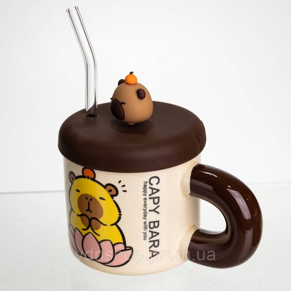 Кубок порцелянова з кришкою та трубочкою Капібара в лотосі 300 (мл) подарункова кружка прикольна чашка для дітей на подарунок | Зображення 3